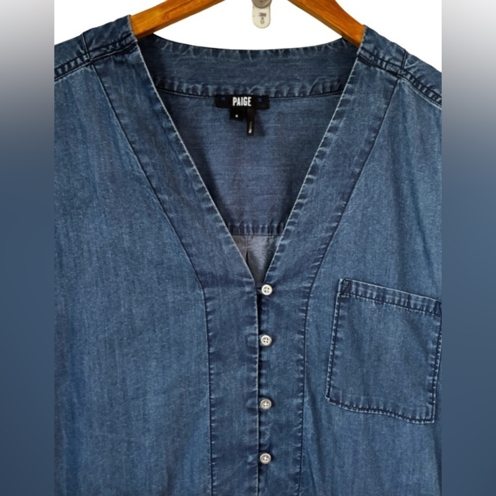 PAIGE Haidee blue cottn/tencel blnd chmbry frng hem mini drss SZ S coastal - Picture 5 of 14